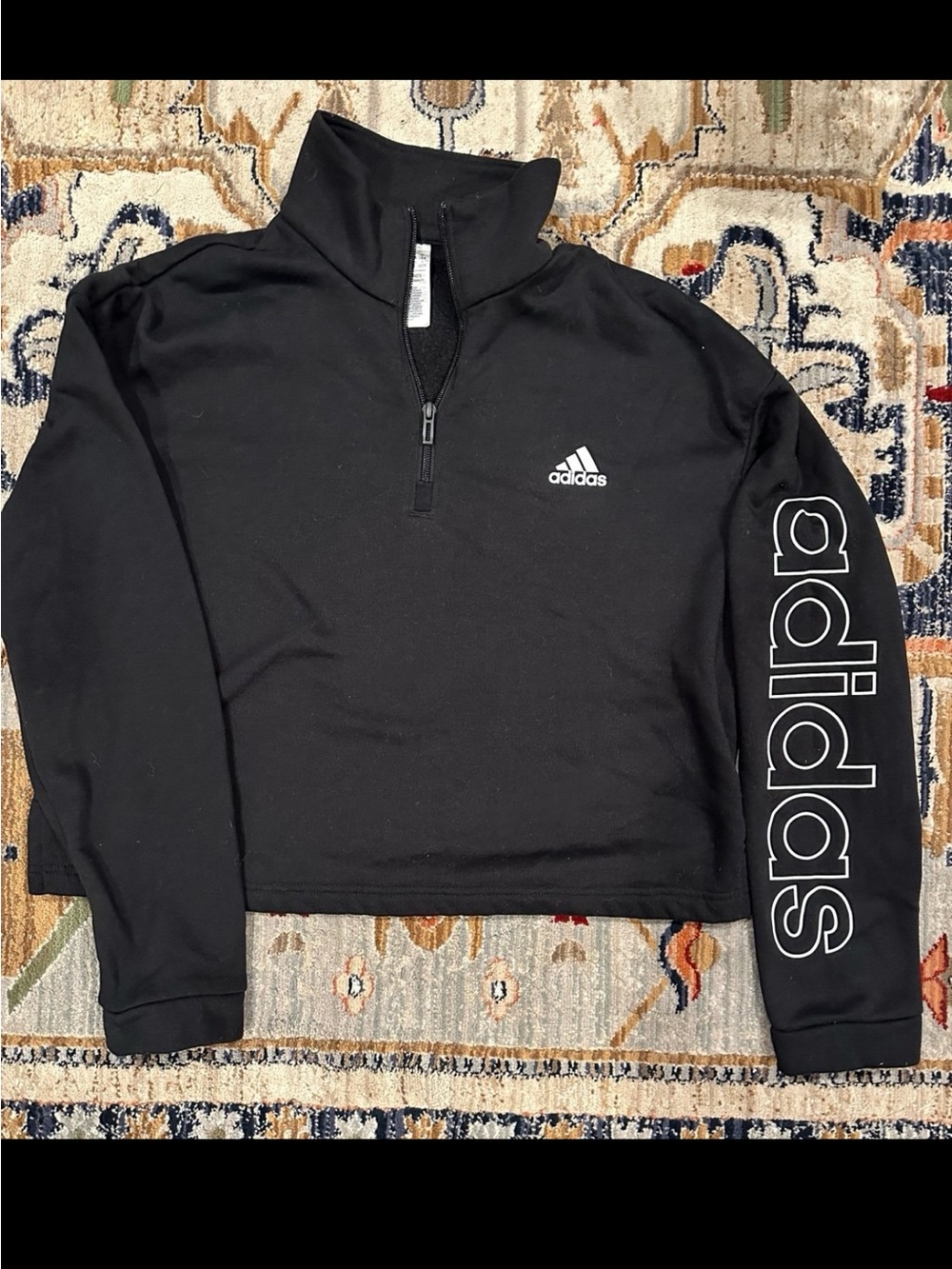 Women’s Black Adidas Half-Zip Cropped Sweater with Sleeve Logo